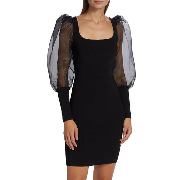 NEW, Alice + Olivia Abella Puff-Sleeve Knit Minidress in Black Size M #D6096 - Picture 3 of 11